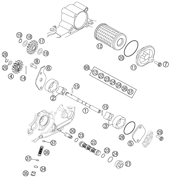 vue éclatée système de lubrification - ktm 250 sx-f eu 2011