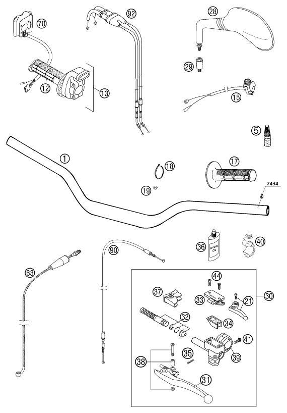 vue éclatée guidon, armatures - ktm 250 exc racing gb 2003