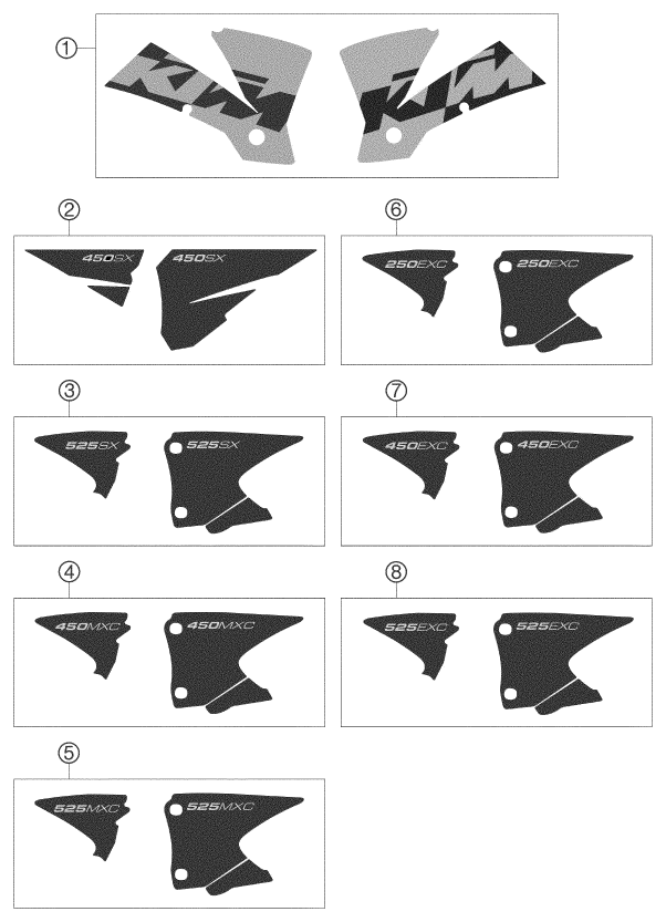 vue éclatée kit déco - ktm 250 exc racing gb 2003