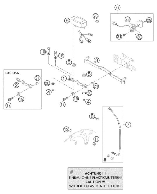 vue éclatée instruments / système de verrouillage - ktm 250 exc racing gb 2004