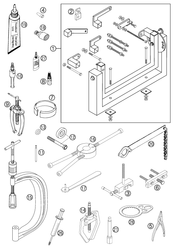 vue éclatée outils spéciaux moteur - ktm 250 exc racing gb 2004