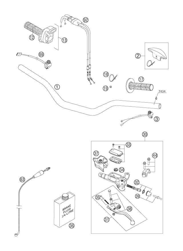 vue éclatée guidon, armatures - ktm 250 xcf-w za 2007