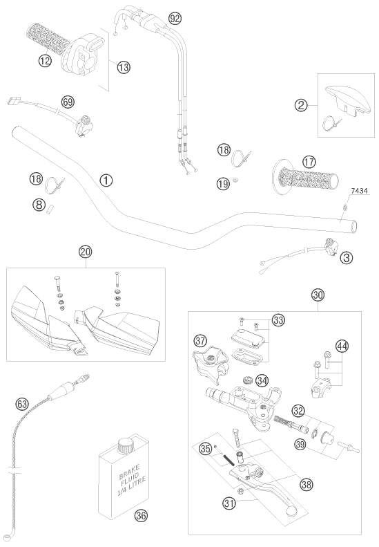 vue éclatée guidon, armatures - ktm 250 xcf-w za 2009