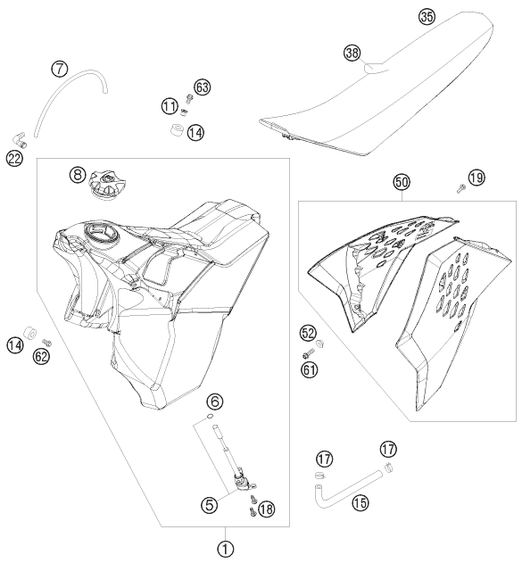 vue éclatée réservoir, selle - ktm 250 xcf-w za 2009