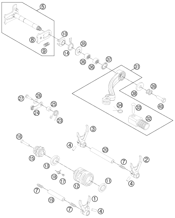 vue éclatée mécanisme de sélection - ktm 350 sx-f eu 2012