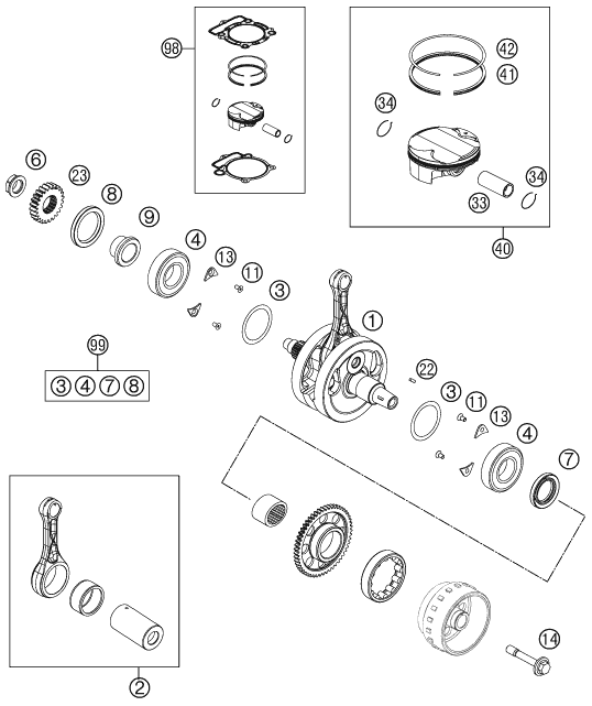 vue éclatée vilebrequin, piston - ktm 350 sx-f eu 2012
