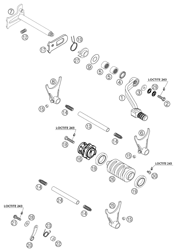 vue éclatée mécanisme de sélection - ktm 250 exc racing au 2002