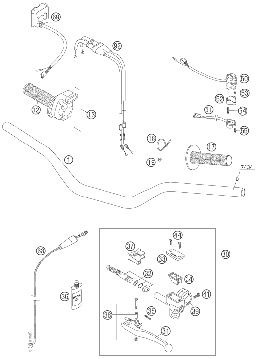 vue éclatée guidon, armatures - ktm 250 exc racing au 2006