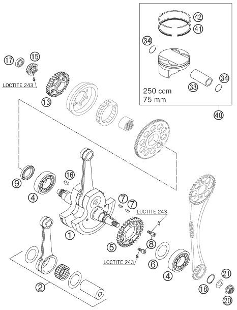 vue éclatée vilebrequin, piston - ktm 250 exc racing au 2006
