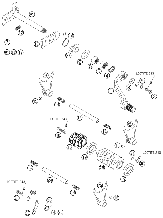 vue éclatée mécanisme de sélection - ktm 250 exc racing au 2006
