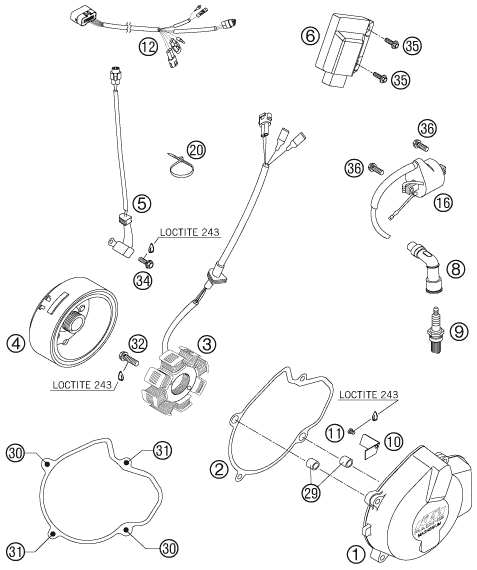 vue éclatée système de allumage - ktm 250 exc racing au 2006