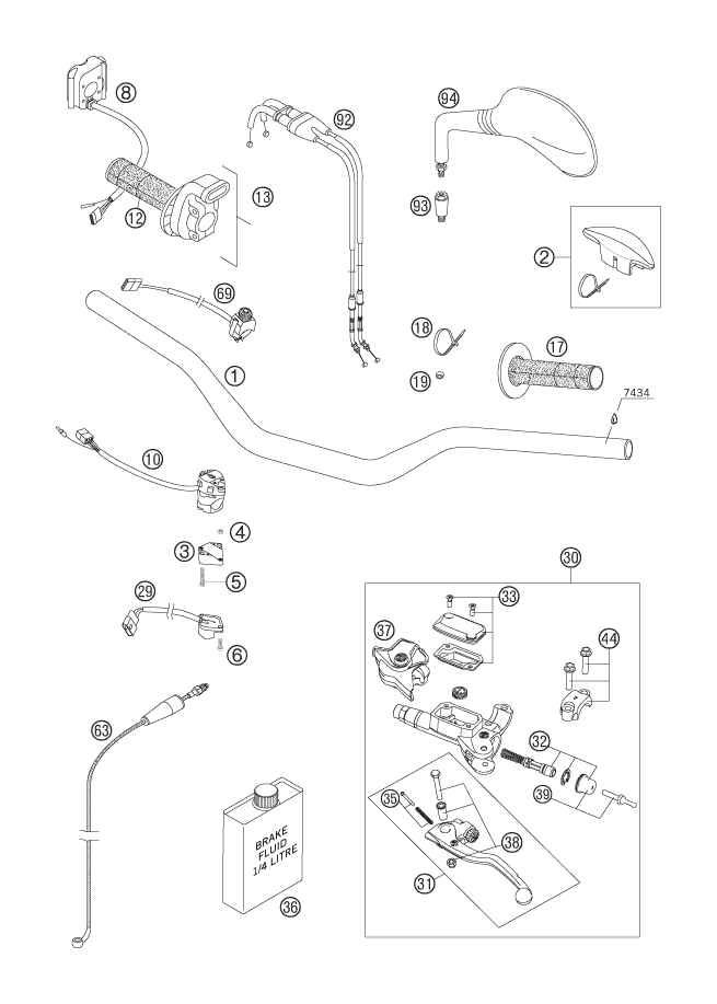 vue éclatée guidon, armatures - ktm 250 exc-f au 2007