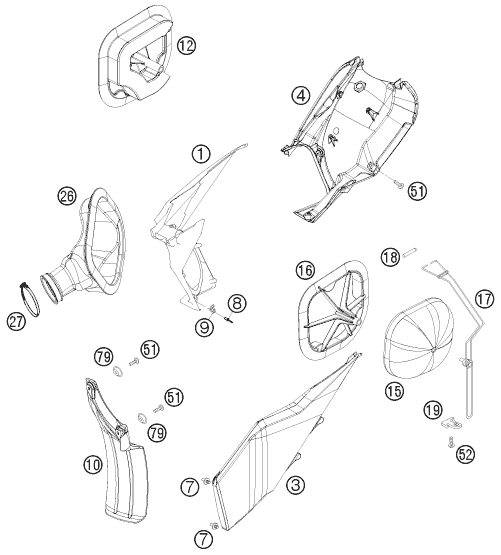 vue éclatée filtre à air - ktm 250 exc-f au 2008