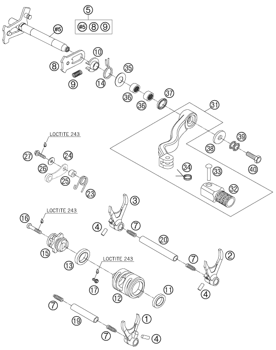 vue éclatée mécanisme de sélection - ktm 250 exc-f au 2008