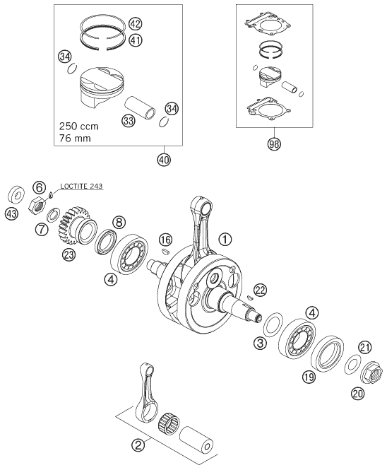 vue éclatée vilebrequin, piston - ktm 250 exc-f au 2008