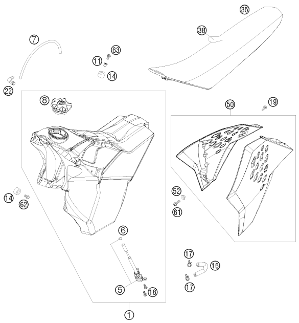 vue éclatée réservoir, selle - ktm 250 exc-f au 2009