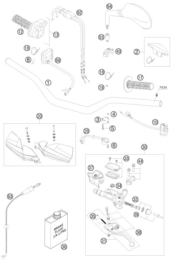 vue éclatée guidon, armatures - ktm 250 exc-f au 2009