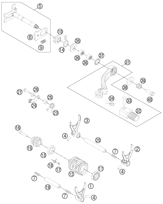 vue éclatée mécanisme de sélection - ktm 350 exc-f au 2012