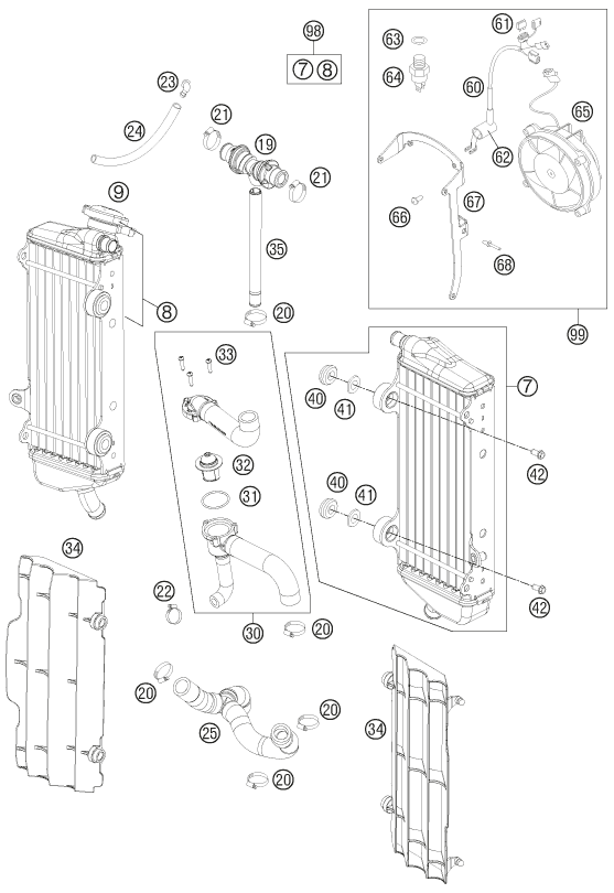 vue éclatée système de refroidissement - ktm 350 exc-f au 2012