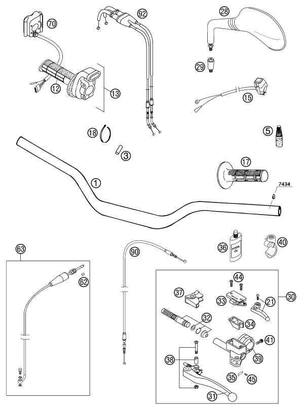 vue éclatée guidon, armatures - ktm 400 sx racing eu 2002