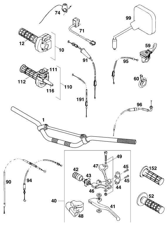 vue éclatée guidon, armatures - ktm 400 super-comp wp eu 1995