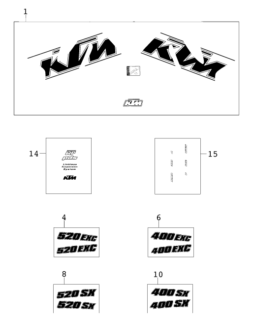 vue éclatée kit déco - ktm 400 sx racing eu 2000