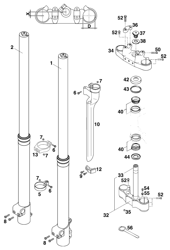 vue éclatée fourche téléscopique, té de fourche - ktm 400 sxc wp eu 1997
