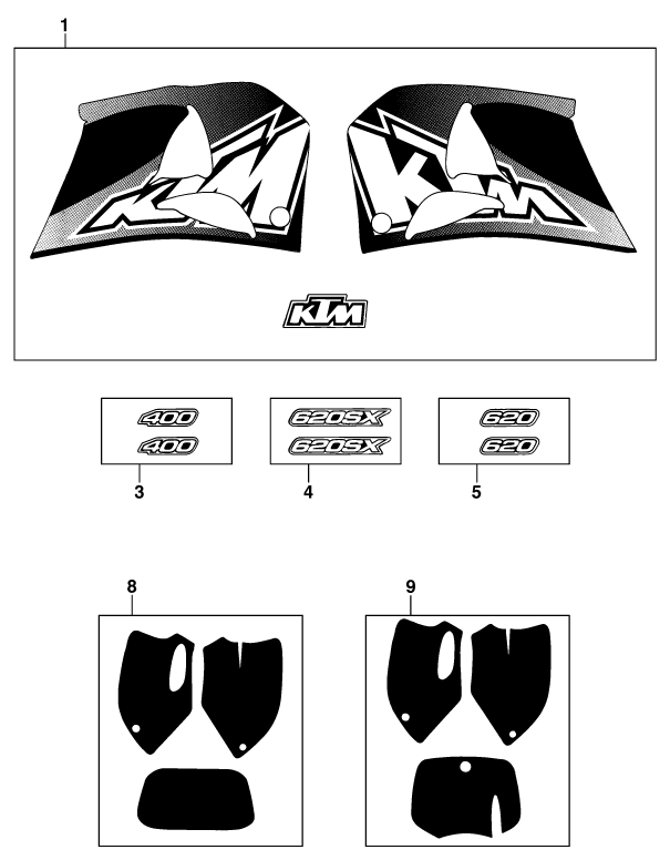 vue éclatée kit déco - ktm 400 sxc wp eu 1997