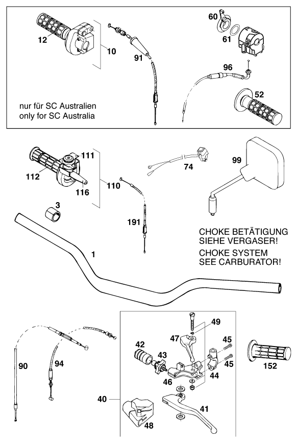 vue éclatée guidon, armatures - ktm 400 sxc wp eu 1997