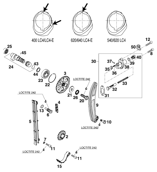 vue éclatée commande de distribution - ktm 400 sx-c eu 1998