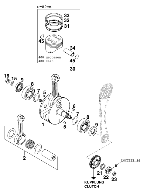 vue éclatée vilebrequin, piston - ktm 400 sx-c eu 1998