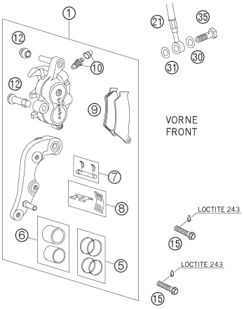 vue éclatée étrier de frein avant - ktm 400 exc factory eu 2005