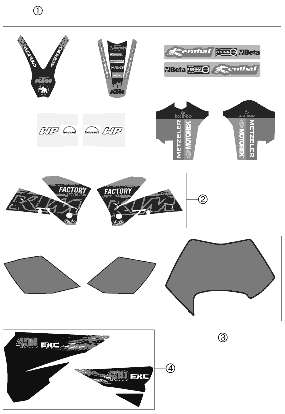 vue éclatée kit déco - ktm 400 exc factory racing eu 2007