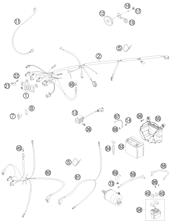 vue éclatée faisceau de câbles - ktm 400 exc eu 2011