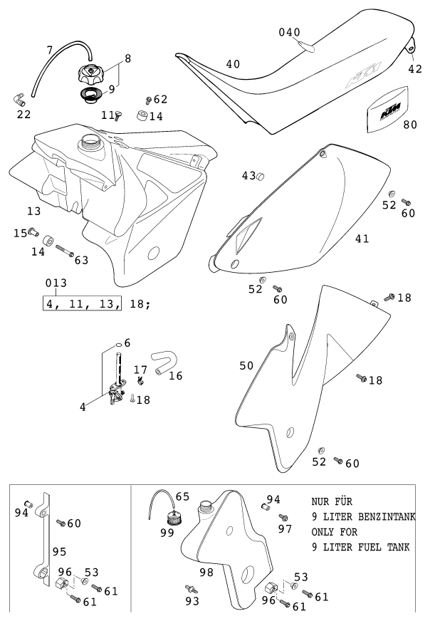 vue éclatée réservoir, selle - ktm 400 exc racing 2000 eu 2001