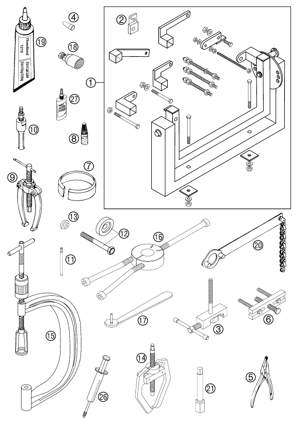 vue éclatée outils spéciaux moteur - ktm 400 exc racing six-days eu 2002