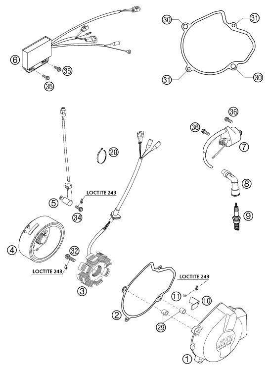 vue éclatée système de allumage - ktm 400 exc racing six-days eu 2002