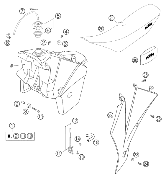 vue éclatée réservoir, selle - ktm 400 exc racing gb 2004