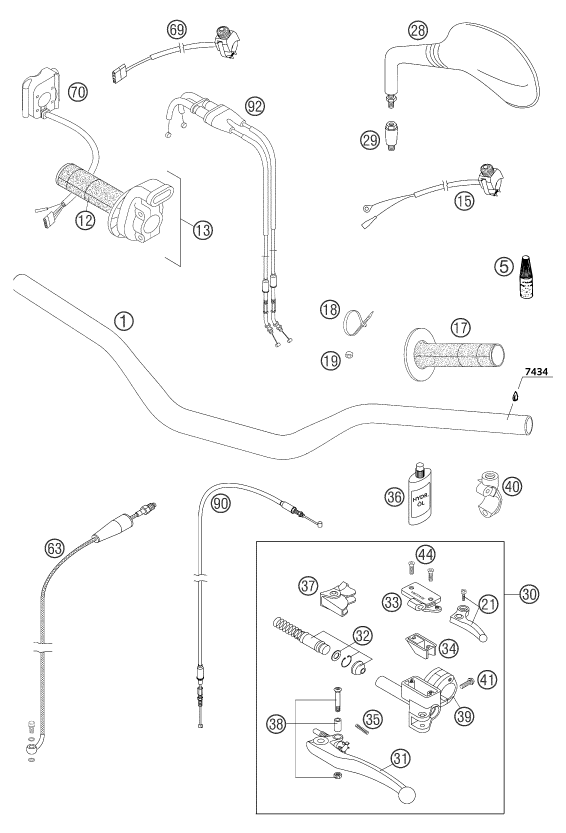 vue éclatée guidon, armatures - ktm 400 exc racing au 2004