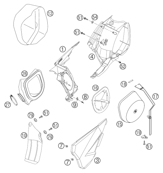 vue éclatée filtre à air - ktm 400 exc racing au 2004