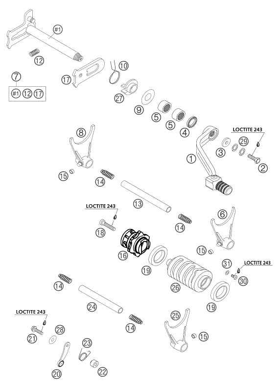 vue éclatée mécanisme de sélection - ktm 400 exc racing au 2004