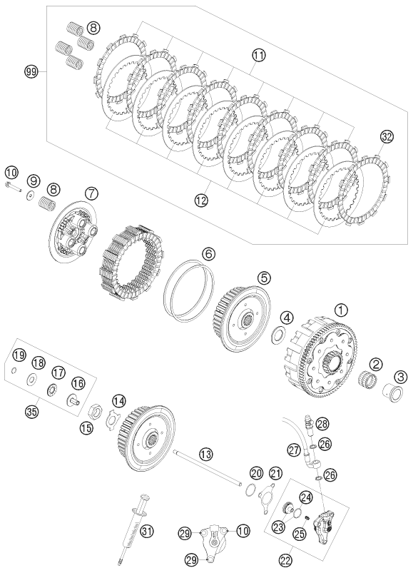 vue éclatée embrayage - ktm 400 exc au 2009