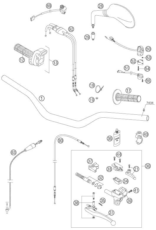 vue éclatée guidon, armatures - ktm 450 exc factory eu 2005