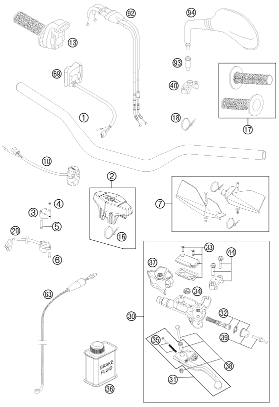 vue éclatée guidon, armatures - ktm 400 exc au 2011