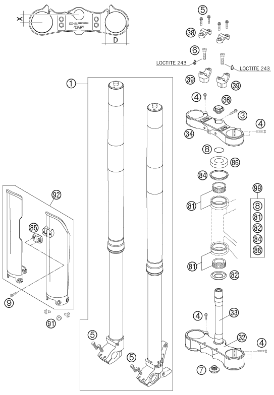 vue éclatée fourche téléscopique, té de fourche - ktm 450 xc eu 2007