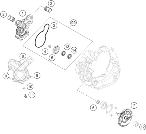 vue éclatée pompe à eau - ktm 450 smr eu 2012