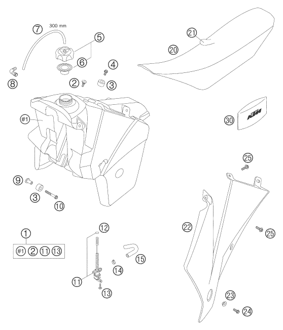 vue éclatée réservoir, selle - ktm 450 exc racing au 2005