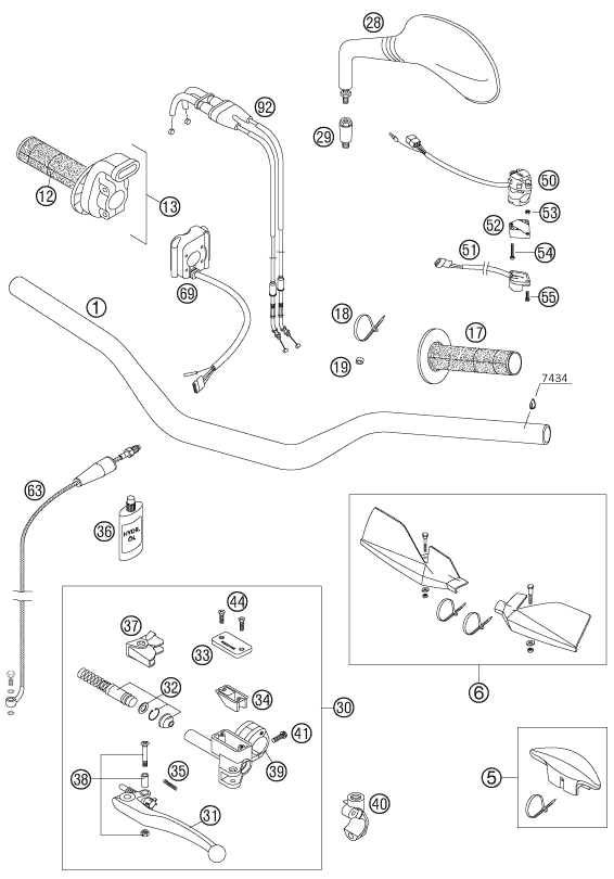 vue éclatée guidon, armatures - ktm 450 exc factory racing au 2007