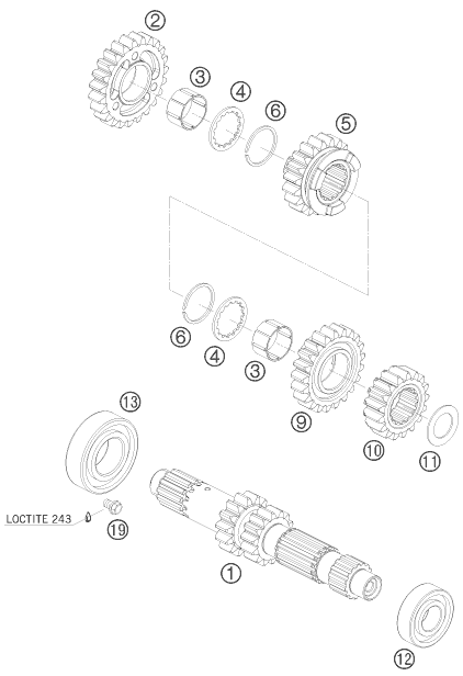 vue éclatée boîte de vitesse i - arbre primaire - ktm 525 xc atv eu 2008
