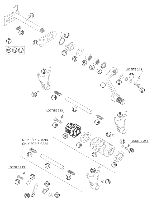 vue éclatée mécanisme de sélection - ktm 450 sx racing eu 2005